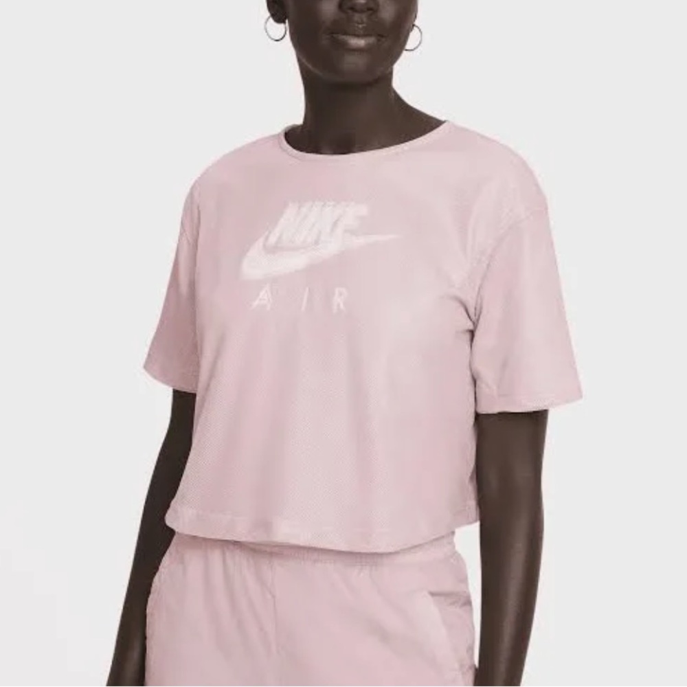 Nike Air Women’s Short Sleeve Layered Mesh Relaxed Tee, Pale Pink & White, Sz XL - Picture 1 of 9